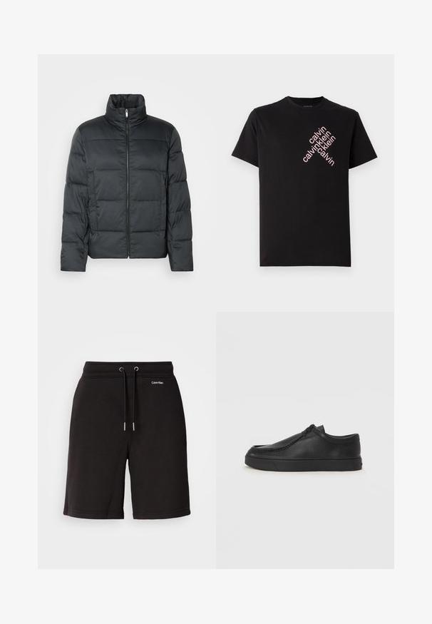 Čierna vypchatá bunda s vysokým golierom, predným zipsom a prešívanou textúrou. Má štvorcový strih a jemný kárový vzor.; Čierne bavlnené tričko s krátkym rukávom a okrúhlym výstrihom, s diagonálnym ružovým potlačou loga "calvin klein" na prednej strane.; Čierne bavlnené šortky s elastickým pásom a šnúrkou, so striebornými detailmi. S bielym logom ako akcentom, majú hladkú textúru a uvoľnený strih.; Čierna kožená slip-on obuv s okrúhlou špičkou, prešívaním a čiernou gumovou podrážkou. Hladký povrch s minimalistickým dizajnom.