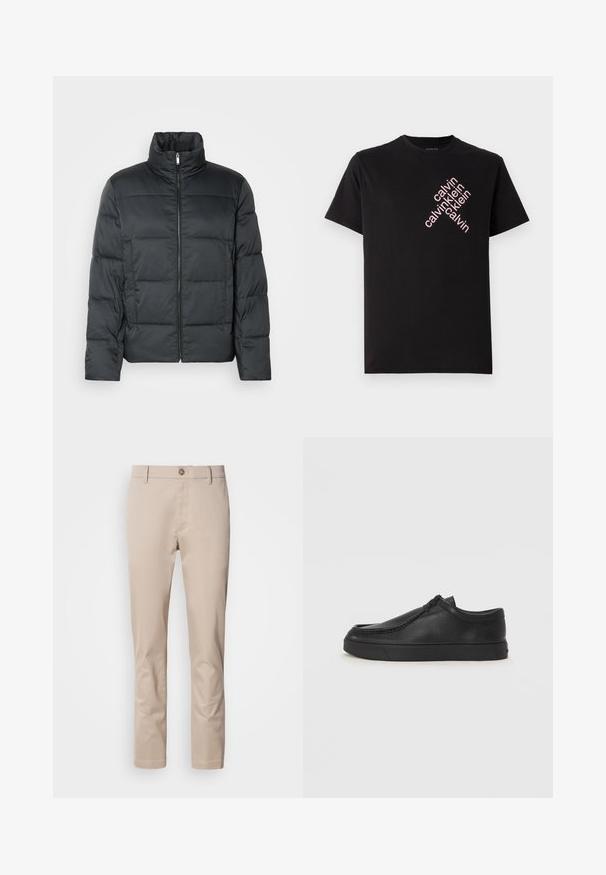 Svart polstret jakke med høy krage, frontglidelås og quiltet tekstur. Har en boksformet fasong og subtil rutete mønster.; Svart bomull T-skjorte med skrå rosa "calvin klein" logo trykk foran. Korte ermer og rund halslinning.; Beige bomull chinos med rett passform, beltestropper, en enkelt frontknapp og en glatt, ublandet overflate. Ingen lommer er synlige.; Sorte skinnsko uten snøring med rund tå, sydd detaljer og svart gummisåle. Glatt tekstur med minimalistisk design.