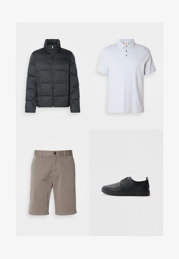 Chaqueta acolchada negra con cuello alto, cierre frontal y textura acolchada. Presenta una forma cuadrada y un sutil patrón de cuadros.; Polo de color azul claro hecho de algodón, con una botonera de tres botones, cuello doblado, mangas cortas y un pequeño logo en el pecho.; Pantalones cortos de hombre en un color gris claro, fabricados en material de algodón. Cuentan con cierre de botón, trabillas para cinturón y una textura suave.; Zapatilla negra de cuero con acabado suave, punta redondeada, costuras a tono, cordones en la parte delantera y suela de goma plana. Asa en el talón.