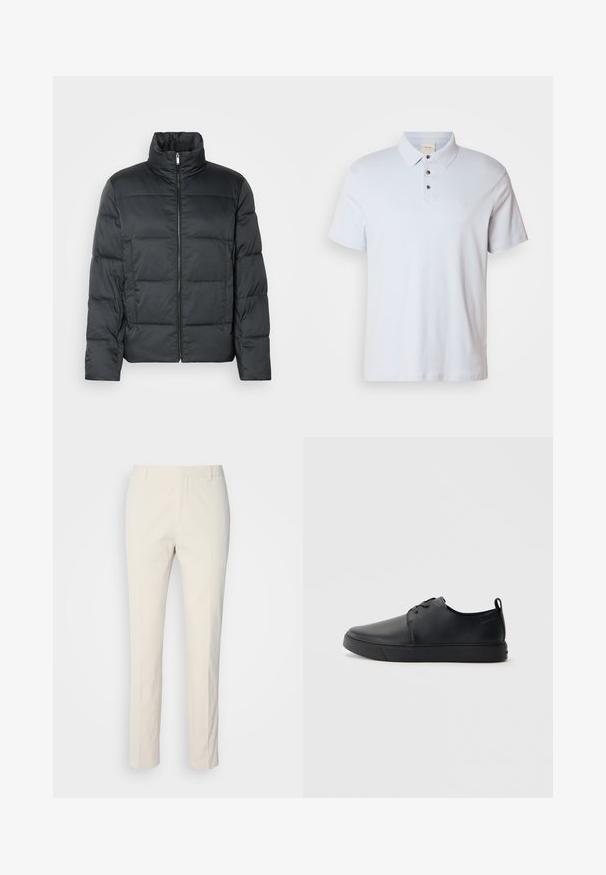 Mustat pehmeät takit, joissa on korkea kaulus, edessä vetoketju ja tikattu rakenne. Ominaisuuksina laatikkomainen muoto ja huomaamaton ruudullinen kuvio.; Vaaleansininen puuvillapaita, jossa on kolme nappia, taitettava kaulus, lyhyet hihat ja pieni logo rinnassa.; Vaaleancreme väriä olevat räätälöidyt housut, joissa on tekstuuri. Housuissa on suora lahjemuotoilu, vyölenkit ja kaksi etutaskua. Ei kuvioita.; Musta nahkakengät hienolla pinnalla, pyöreällä varvastyönnöllä, sävyyn sointuvilla ompeluilla, nauhakengät edessä ja littealla kumipohjalla. Silmukka kantapäässä.