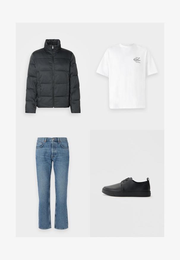 Černá vycpaná bunda s vysokým límcem, předním zipem a prošívanou texturou. Má kvadratický střih a jemný kostkovaný vzor.; Bílý bavlněný tričko s krátkým rukávem, kulatým výstřihem, s černým logem CK na levé části hrudníku, standardní střih, hladká textura.; Světlé modré džíny se rovnýcm střihem, designem s pěti kapsami a kontrastním šitím. Tkanina má měkkou texturu a lehké odpálení.; Černé kožené tenisky s hladkým povrchem, zaoblenou špičkou, tónovým prošíváním, šněrovacím uzávěrem a plochou gumovou podrážkou. Očko na patě.