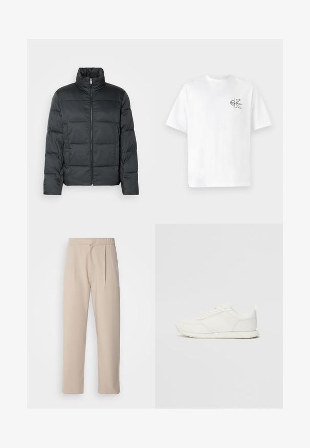 Černá vycpaná bunda s vysokým límcem, předním zipem a prošívanou texturou. Má kvadratický střih a jemný kostkovaný vzor.; Bílý bavlněný tričko s krátkým rukávem, kulatým výstřihem, s černým logem CK na levé části hrudníku, standardní střih, hladká textura.; Beige pletené kalhoty vyrobené z měkké látky. Mají elastický pas, rovné nohavice a hladkou texturu. Bez kapes nebo zdobení.; Bílé tenisky s vrchní částí z síťoviny a syntetického materiálu, kulatou špičkou, plochými tkaničkami a texturovaným bočním pruhem. Gumová podrážka s poutkem vzadu.