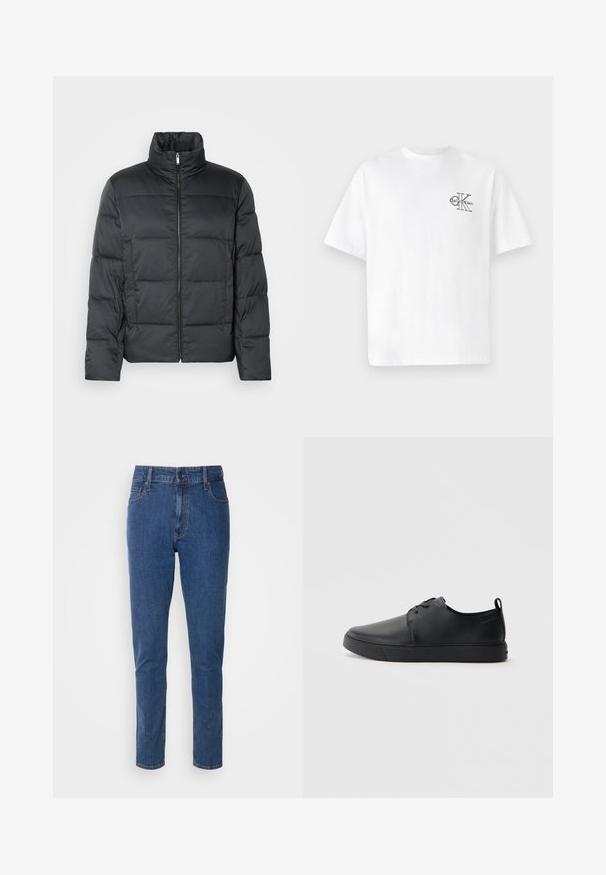 Crna podložena jakna s visokim ovratnikom, prednjim zatvaračem i kvadratnom teksturom. Ima kutijasti oblik i suptilan karo uzorak.; Bjela pamučna majica kratkih rukava, okruglog izreza, s crnim CK logom na lijevoj strani prsnog dijela, standardnog kroja, glatke teksture.; Plave traperice s ravnim nogavicama, koje imaju zatvaranje na munju, gumbe i pet džepova. Klasična tamna pranja. Glatka tekstura.; Crne kožne tenisice s glatkom površinom, zaobljenim vrhom, tonom prošivanja, vezanjem sprijeda i ravnim gumenim potplatom. Oko pete se nalazi učka.