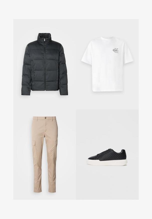 Must must vest, mille kõrge krae, esi tõmblukk ja tikanditustatud tekstuur. Omab karbilaadset tegemist ja õhulist ruuduline muster.; Valge puuvillane T-särk lühikeste varrukatega, ümmarguse kaelusega, mille vasakul rinnal on must CK logo, tavaprofiil, sile tekstuur.; Beežid cargo püksid kahe külgtaskuga, slim fit, valmistatud kergest kangast, ees nupuga kinnitamine ja vööaugud.; Must have geomeetrilise tekstuuriga must spordijalats külgedel, siledaga varbakattega ja valge kummitald. Omab ümmarguseid paelu ja madalat disaini.