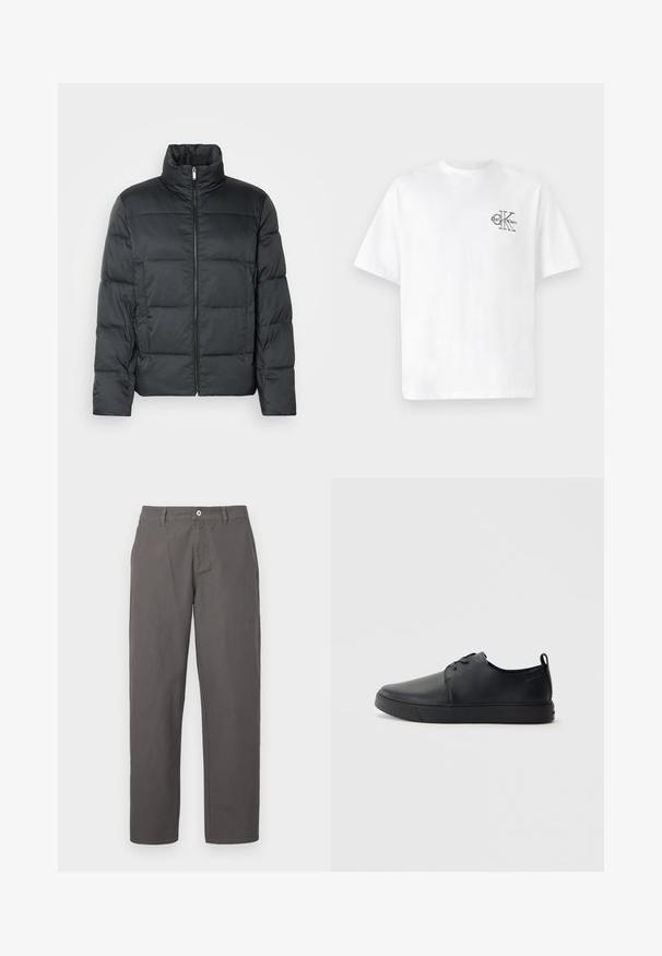Svart polstret jakke med høy krage, frontglidelås og quiltet tekstur. Har en boksformet fasong og subtil rutete mønster.; Hvit bomull t-skjorte med kort erme, rund hals, med en svart CK-logo på venstre brystområde, standard passform, glatt tekstur.; Grå bomullsbukser med rett ben-design, med knapp og glidelås foran, samt sidelommer. Glatt tekstur, uten mønster.; Svart lær sneakers med glatt overflate, rund tå, tonede sømmer, snøring foran og flat gummisåle. Løkke på hælen.