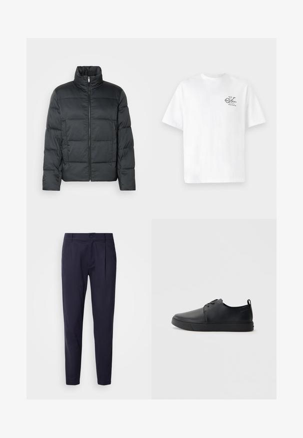 Black padded jacket with a high collar, front zipper, and a quilted texture. Features a boxy shape and subtle checkered pattern.; White cotton t-shirt with short sleeves, crew neck, featuring a black CK logo on the left chest area, standard fit, smooth texture.; Navy blue trousers made of smooth fabric, featuring a straight leg design, crease front, and a button closure with belt loops.; Black leather sneaker with a smooth finish, rounded toe, tonal stitching, lace-up front, and a flat rubber sole. Loop at the heel.