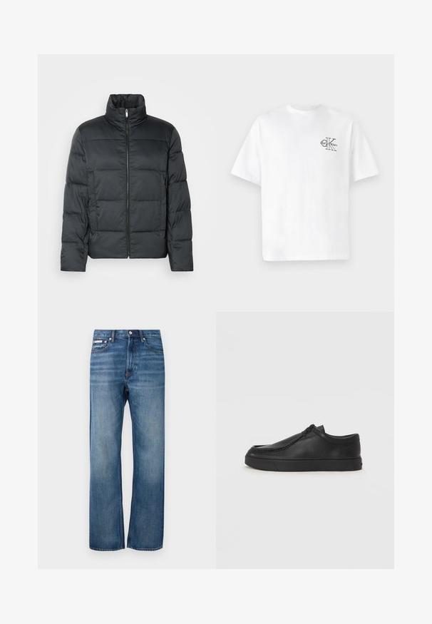 Jachetă neagră căptușită cu guler înalt, fermoar frontal și textură matlasată. Prezintă o formă pătrată și un model discret în carouri.; Tricou alb din bumbac, cu mâneci scurte, de tip crew neck, având un logo CK negru pe zona stânga a pieptului, croială standard, textură netedă.; Jeans din denim cu picioare drepte de culoare albastră, cu o ușoară decolorare, închidere cu buton în față și un mic etichetă cu logo pe buzunarul din față din dreapta.; Pantofii din piele neagră, fără șireturi, cu vârful rotund, detalii cusute și talpă din cauciuc negru. Textură netedă cu un design minimalist.