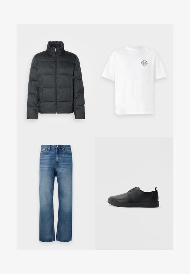 Černá vycpaná bunda s vysokým límcem, předním zipem a prošívanou texturou. Má kvadratický střih a jemný kostkovaný vzor.; Bílý bavlněný tričko s krátkým rukávem, kulatým výstřihem, s černým logem CK na levé části hrudníku, standardní střih, hladká textura.; Modré džíny rovného střižení s mírným vyblednutím, zapínání na přední knoflík a malou logovou nášivkou na pravé přední kapse.; Černé kožené tenisky s hladkým povrchem, zaoblenou špičkou, tónovým prošíváním, šněrovacím uzávěrem a plochou gumovou podrážkou. Očko na patě.