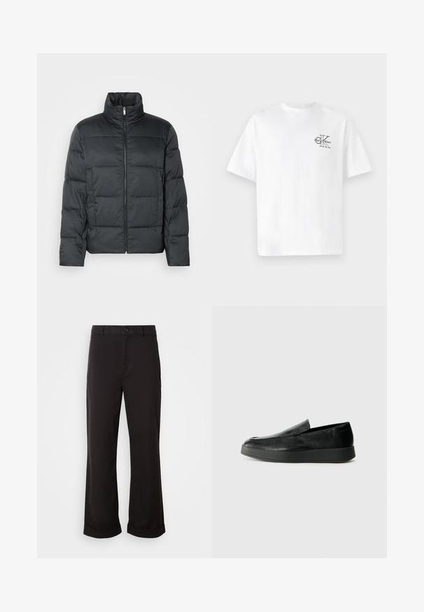 Black padded jacket with a high collar, front zipper, and a quilted texture. Features a boxy shape and subtle checkered pattern.; White cotton t-shirt with short sleeves, crew neck, featuring a black CK logo on the left chest area, standard fit, smooth texture.; Black trousers with a straight fit, made from lightweight fabric. Features a classic button closure and rolled cuffs at the hem.; Calvin Klein HYBRID CUP - Slip-ons - triple black