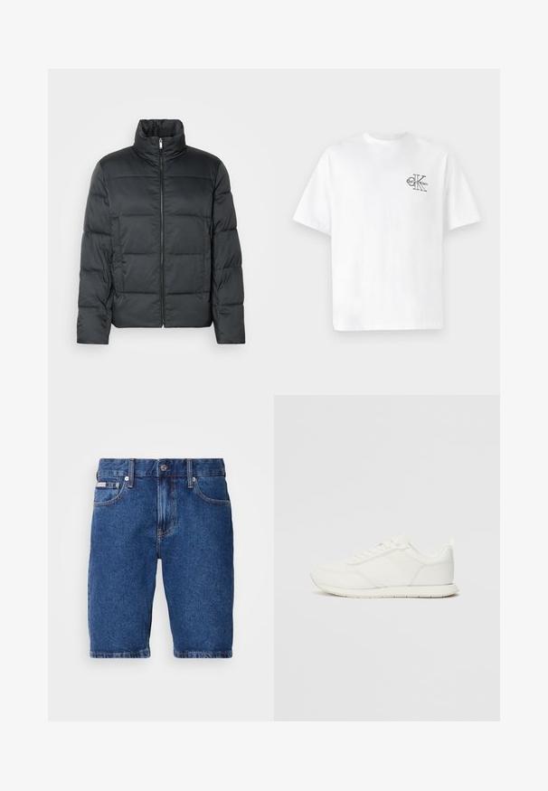 Black padded jacket with a high collar, front zipper, and a quilted texture. Features a boxy shape and subtle checkered pattern.; White cotton t-shirt with short sleeves, crew neck, featuring a black CK logo on the left chest area, standard fit, smooth texture.; Denim shorts in dark blue, featuring a classic five-pocket design, visible stitching accents, and a straight fit with a knee-length cut.; White sneaker with a mesh and synthetic upper, round toe, flat laces, and a textured side stripe. Rubber sole with a pull tab at the back.