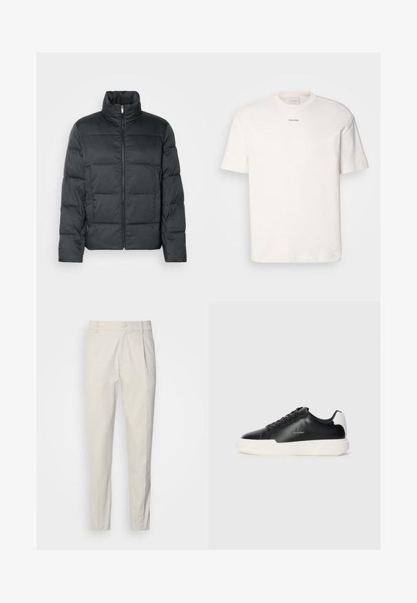 Melnā polsterētā jaka ar augstu apkakli, priekšējo rāvējslēdzēju un izšūtu tekstūru. Iezīmējas ar kvadrātveida formu un smalku šahu rakstu.; Balta kokvilnas T-kreklu ar apaļu kaklu, īsām piedurknēm un izšūtu "Calvin Klein" logotipu krūšu centrā. Vienkāršs dizains.; Gai bēšas veidotas bikses ar gludu tekstūru, krokainu priekšpusi un šauru piegriezumu. Iebūvēta viena pogas aizdare un jostu cilpas.; Melnas ādas sporta apavi ar baltu gumijas zoli. Ievērojams noapaļots purngals, šņorēšanas dizains un logo detaļa sānos. Aizmugures akcenti baltā krāsā.