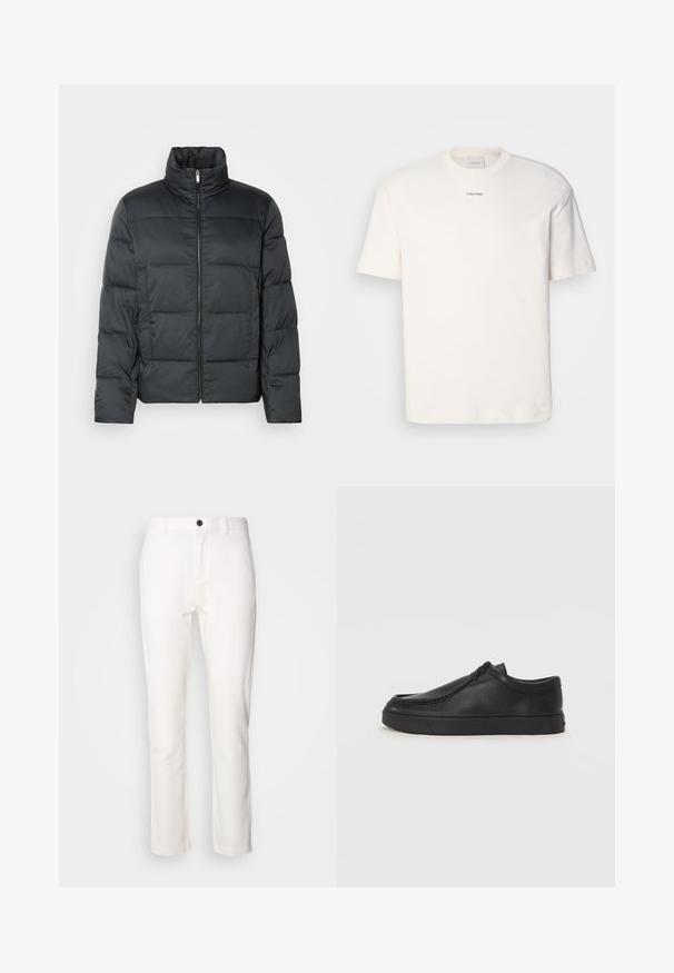 Melnā polsterētā jaka ar augstu apkakli, priekšējo rāvējslēdzēju un izšūtu tekstūru. Iezīmējas ar kvadrātveida formu un smalku šahu rakstu.; Balta kokvilnas T-kreklu ar apaļu kaklu, īsām piedurknēm un izšūtu "Calvin Klein" logotipu krūšu centrā. Vienkāršs dizains.; Bricas ar taisnu griezumu, ar melnu pogu jostas vietā, izgatavotas no gludas auduma ar smalku spīdumu.; Melnas ādas slip-on kurpes ar noapaļotu purngalu, šūšanas detaļām un melnu gumijas zoli. Gluda tekstūra ar minimālistisku dizainu.