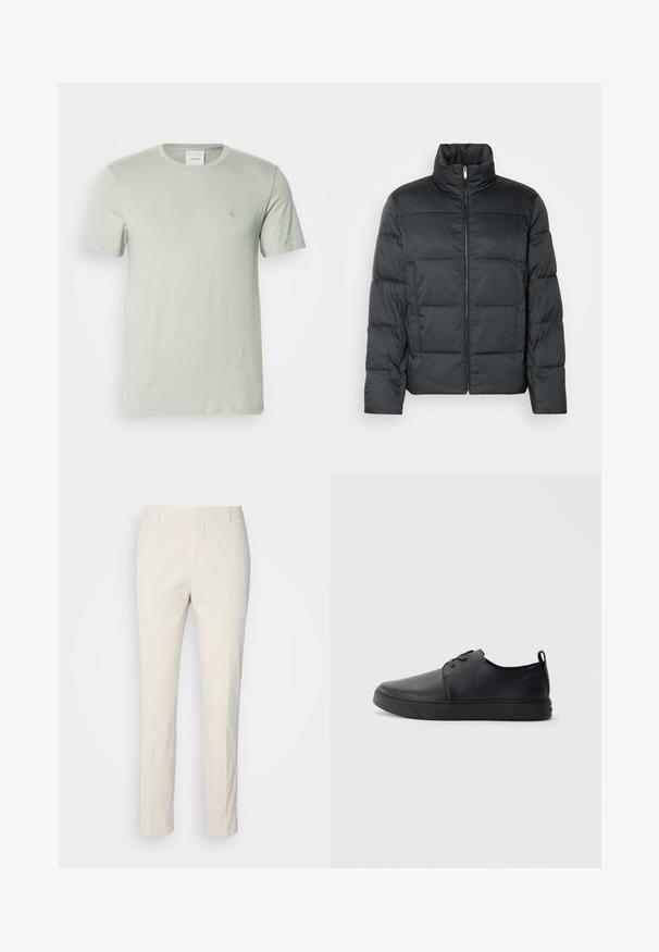 Črna podložena jakna z visokim ovratnikom, sprednjim zadrgo in prešitimi teksturami. Ima kvadratno obliko in subtilen kari vzorec.; Svetlo zelena majica s kratkimi rokavi iz mehkega bombaža, z okroglim izrezom in subtilnim logotipom na prsih. Gladka tekstura, preprost dizajn.; Hlače kremaste barve, prirejene po meri, z teksturirano tkanino. Imajo ravno obliko, zanke za pas in dva sprednja žepa. Brez vzorcev.; Črne usnjene športne čevlje z gladko površino, okroglo oblikovano nosilo, toniranim šivanjem, vezanjem spredaj in ravnim gumijastim podplatom. Zanko na peti.