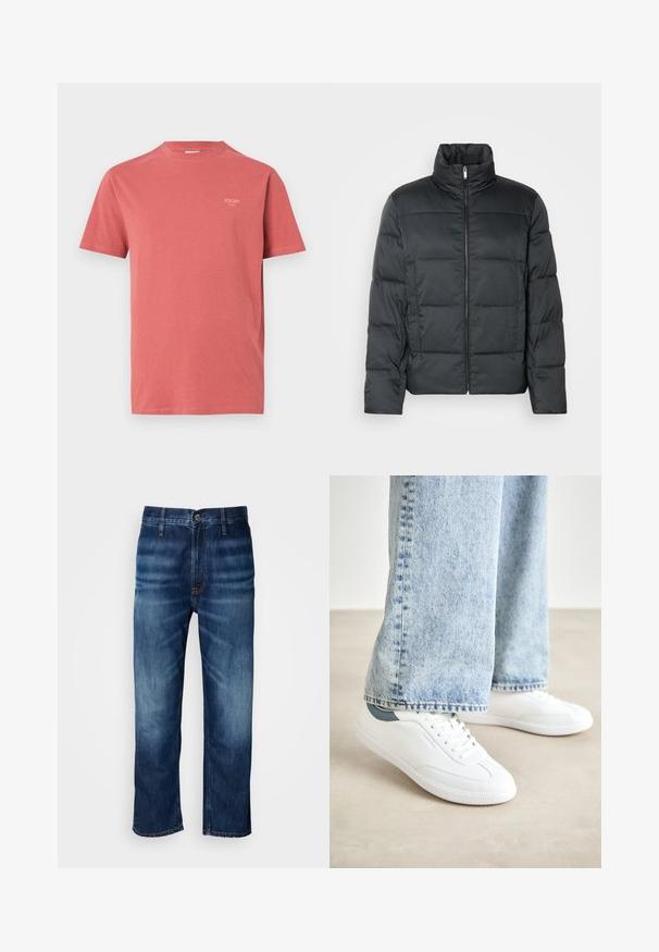 Černá vycpaná bunda s vysokým límcem, předním zipem a prošívanou texturou. Má kvadratický střih a jemný kostkovaný vzor.; Červené bavlněné tričko s krátkým rukávem a kulatým výstřihem, s malým logem značky na horní části levého hrudníku. Hladká textura.; Tmavě modré džíny rovného střihu s jemným vyblednutím na stehnech a zapínáním na knoflík v pase, vystavené na bílém pozadí.; Bílé tenisky s hladkým materiálem, šněrovacím designem, texturovanou gumovou podešví a tyrkysovým akcentem na patě, v kombinaci se světle modrými džíny.