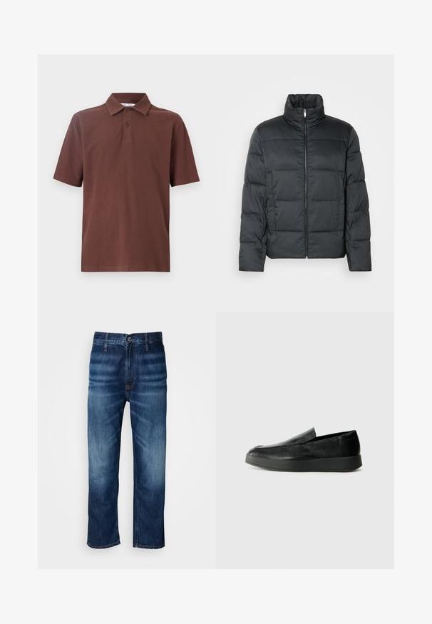 Fekete párnázott dzseki magas gallérral, elülső cipzárral és steppelt textúrával. Kockás alakja van és enyhe kockás mintázattal rendelkezik.; Barna pólóing légáteresztő anyagból, klasszikus gallérral és három gombos lezárással, finom logóval a mellrészen.; Sötétkék, egyenes szárú farmernadrág enyhe kopással a comboknál és gombos záródással a deréknál, fehér háttér előtt.; Calvin Klein HYBRID CUP - Belebújós cipők - triple black