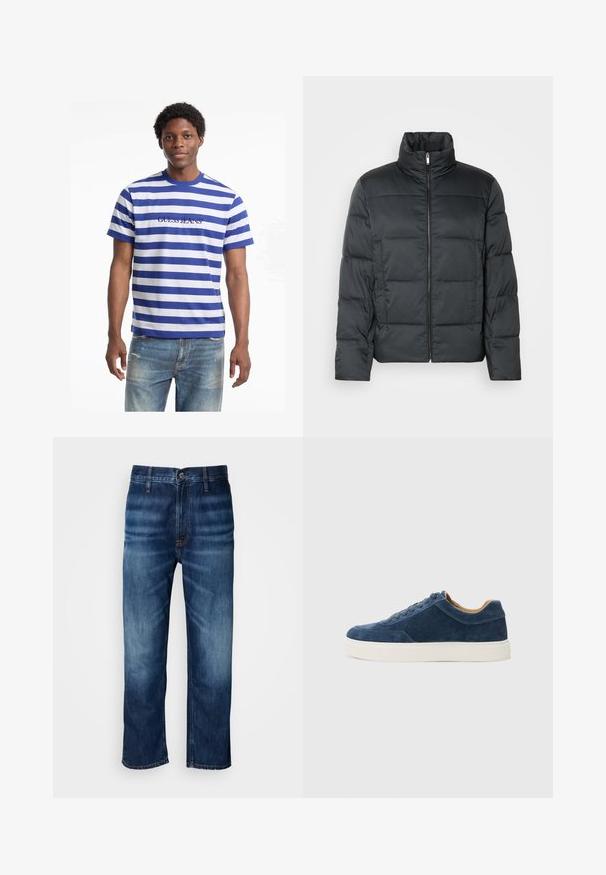 Čierna vypchatá bunda s vysokým golierom, predným zipsom a prešívanou textúrou. Má štvorcový strih a jemný kárový vzor.; Modrá a biela pruhovaná tričko s okrúhlym výstrihom, na prednej strane s vyšívaným logom "GUESS JEANS" vo námornej modrej farbe. Vo voľnom strihu.; Tmavomodré rovné džínsy s jemným vyblednutím na stehnách a zapínaním na gombík v páse, vystavené na bielom pozadí.; Modré semišové tenisky s bielou gumovou podrážkou, šnurovací dizajn, okrúhla špička a kontrastný hnedý interiér. Jemné detaily prešívania.
