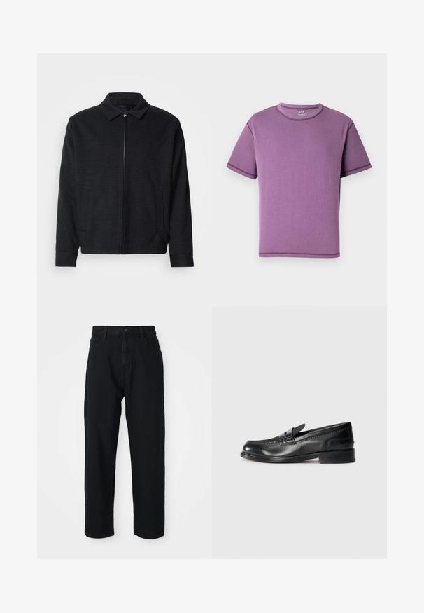 Črna jakna z teksturiranim tkanjem, z zadrgo spredaj, s koničastim ovratnikom in dvema stranskima žepoma. Ima elastične manšete in ravno obrobo.; Vijolična kratkotrajna majica iz mehke bombažne tkanine, z okroglo izrezom in kontrastnim šivanjem ob šivih.; Črne jeans hlače s ravnim krojem. Imajo klasičen pet-pocket dizajn, zapiranje na gumb in subtilno teksturo tkanine.; Črni usnjeni loaferji z detajli šivanja ob zgornjem delu in dekorativnim trakom. Imajo nizko zloženo peto in gladko površino.