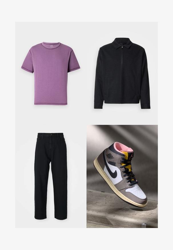 Black jacket with a textured weave, zip front, pointed collar, and two side pockets. Features elastic cuffs and a straight hem.; Purple short-sleeve T-shirt made of soft cotton, featuring a round neckline and contrasting stitching along the seams.; Black denim pants with a straight-leg cut. Features classic five-pocket design, button closure, and subtle fabric texture.; High-top Nike Air Jordan sneaker in white, grey, and black with pink interior and yellow tongue, positioned on a concrete surface.