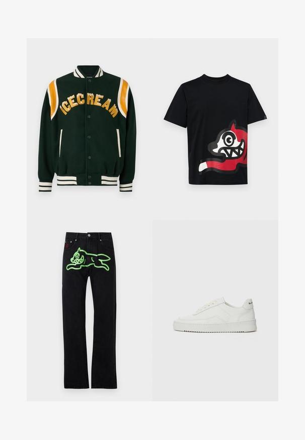 Tumma vihreä yliopistotakki, jossa on kultakirjaillut "ICECREAM", oranssit nahkaiset olkakoristeet sekä valkoiset raidalliset ribbireunat hihansuissa ja kauluksessa.; Icecream JUMBO RUNNING DOG - Printtipaita - black; Mustat farkut suoran leikkauksen omaavana, joissa on suuri vihreä graafinen kuva juoksevasta sarjakuvaeläimestä takana. Hopeiset varusteet.; Valkoinen nahkakenkä, jossa on sileä pinta, pyöreä kärki, tasaiset nauhat ja teksturoitu pohja. Sisältää huomaamattoman logon kantapäässä.