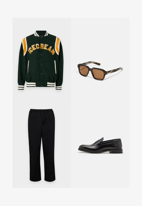Sötétzöld egyetemi dzseki, arany színű "ICECREAM" hímzéssel, narancssárga bőr vállrész kiemelésekkel, valamint fehér csíkos bordázott mandzsettákkal és gallérral.; Hosszúujjú, puha pamutból készült fehér póló. Kerek nyakú, egyenes szegésekkel, látható minták vagy grafikák nélkül.; Fekete, közepes hosszúságú nadrág, rugalmas derékkal. Simító anyagból készült, laza szabású, látható zsebek vagy díszítések nélkül.; Fekete bőr loaferek sima textúrával, kerek orral és dekoratív pánttal a vampnál. Alacsony, rétegelt sarkú, minimalista dizájn.; Műanyag napszemüveg teknősbékapáncélszerű mintával, nyolcszögletű barna lencsékkel és vékony arany hardware díszítéssel a kereten.