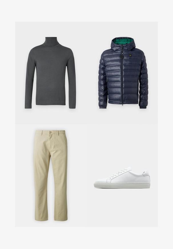 Mørkeblå pufferjakke med hætte, syet design, grøn inderside, lynlås lukning og sidelommer. Har et mærketag på brystet.; Mørkeblå, langærmet turtleneck sweater med tætsiddende manchetter og en glat, fin strik tekstur på en hvid baggrund.; Beige bomuldsbukser med lige ben-design, frontlukning med knap og bæltestropper. Glat tekstur, ingen synlige mønstre eller accenter.; Hvide sneakers med en glat læderoverdel og lav profil. Har en rund tå, seks snørehuller og en tekstureret gummisål.