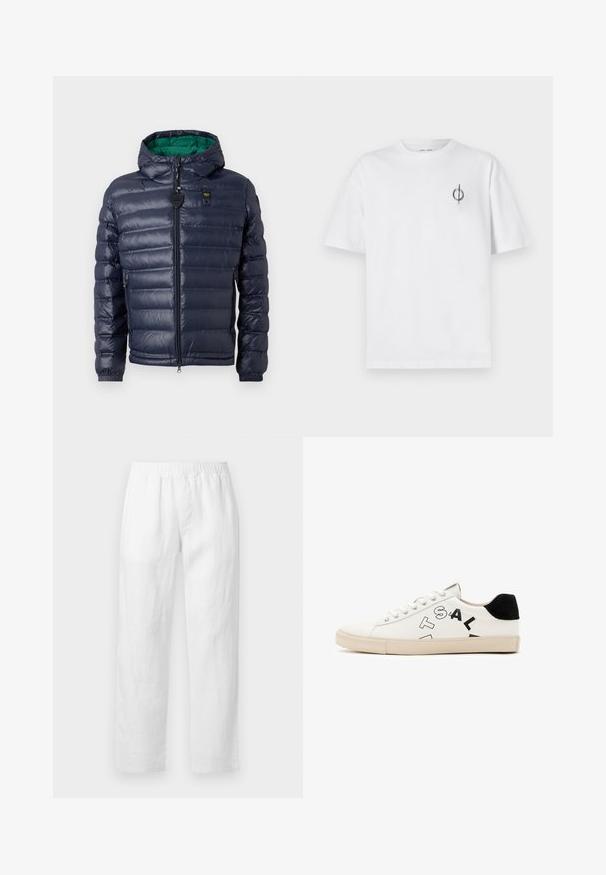 Giacca puffer blu navy con cappuccio, design cucito, interno verde, chiusura con zip e tasche laterali. Presenta un'etichetta con logo sul petto.; T-shirt in cotone bianco con vestibilità rilassata, presenta un piccolo logo grafico nero nella zona sinistra del petto. Maniche corte, collo a giro.; Pantaloni in lino bianco con vita elasticizzata, vestibilità a gamba dritta e tessuto morbido senza motivi o dettagli hardware visibili.; Sneaker in pelle bianca con accentuazioni nere sul tallone, caratterizzata da bold lettering nero sul lato e una suola in gomma. Design minimalista.