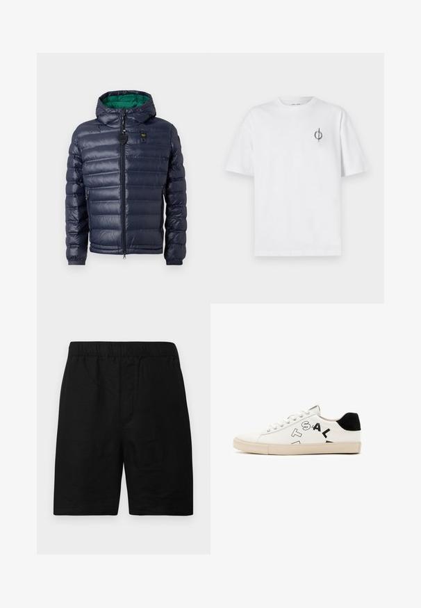 Navy puffer jacket with a hood, stitched design, green interior, zip closure, and side pockets. Features a branded tag on the chest.; White cotton t-shirt with a relaxed fit, featuring a small black graphic logo on the left chest area. Short sleeves, crew neck style.; Black shorts with an elastic waistband, made of a textured fabric, featuring a straight cut and no visible pockets or accents.; White leather sneaker with black accents at the heel, featuring bold black lettering on the side and a rubber sole. Minimalist design.