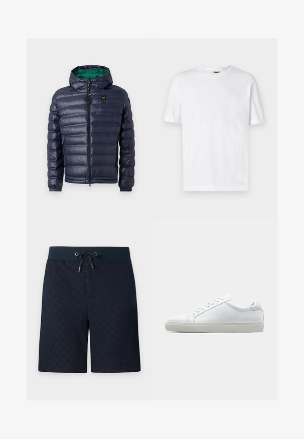 Giacca puffer blu navy con cappuccio, design cucito, interno verde, chiusura con zip e tasche laterali. Presenta un'etichetta con logo sul petto.; T-shirt bianco in cotone con scollo a girocollo, maniche corte e risvolti; design semplice, texture morbida e taglio dritto.; Pantaloni corti blu navy con un motivo testurizzato, vita elastica e coulisse. Presentano tasche laterali e una vestibilità comoda e rilassata.; Sneaker bianco con tomaia in pelle liscia e profilo basso. Presenta una punta arrotondata, sei occhielli e una suola in gomma testurizzata.