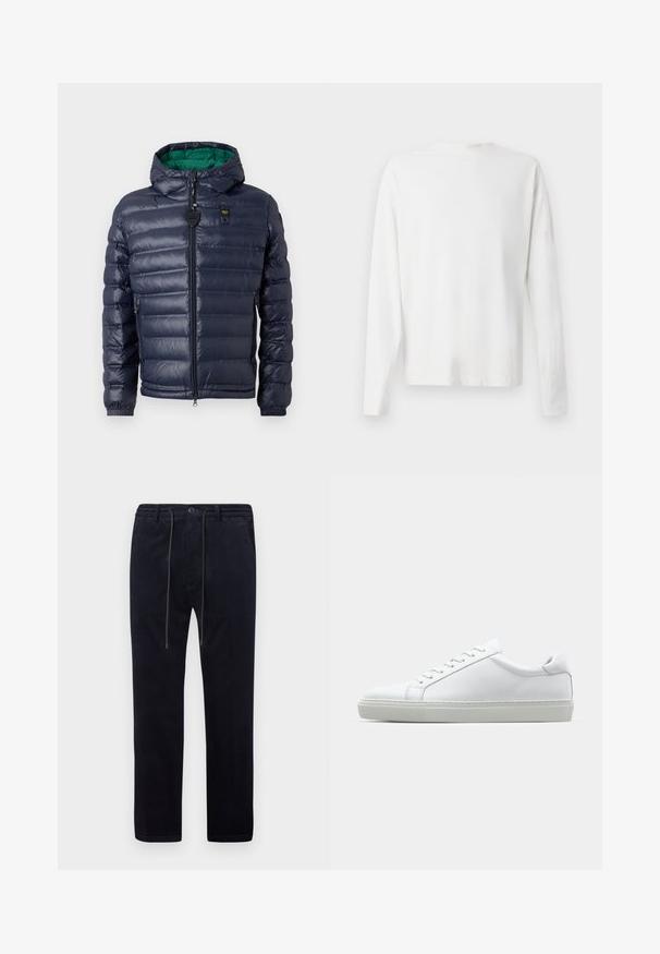 Navy puffer jacket with a hood, stitched design, green interior, zip closure, and side pockets. Features a branded tag on the chest.; Long-sleeved white cotton shirt with a round neckline, side slits at the bottom, and a smooth texture, displayed from the back.; Navy corduroy pants with a textured surface, straight legs, elastic waistband, drawstring, and front pockets.; White sneaker with a smooth leather upper and a low profile. Features a rounded toe, six eyelets, and a textured rubber sole.