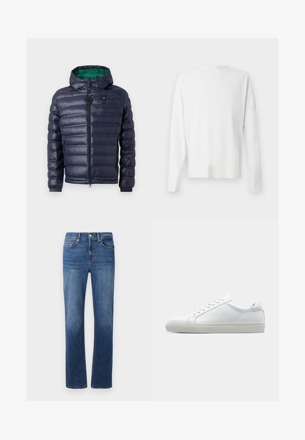 Doudoune navy avec capuche, design matelassé, intérieur vert, fermeture éclair et poches latérales. Présente une étiquette de marque sur la poitrine.; Chemise en coton blanc à manches longues avec un col rond, fentes latérales en bas et une texture lisse, présentée de dos.; Jean en denim bleu foncé avec un design à jambes droites, style cinq poches et coutures contrastantes. Dispose d'une fermeture à bouton et zip.; Sneaker blanche avec une tige en cuir lisse et un profil bas. Présente un bout arrondi, six œillets et une semelle en caoutchouc texturé.