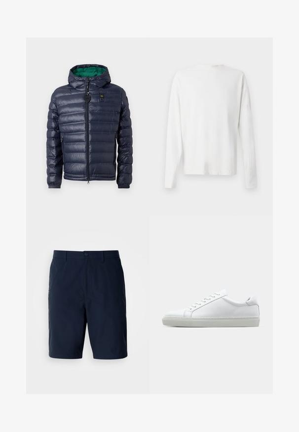 Laivastonsininen puhallettava takki hupulla, ommeltu kuvio, vihreä sisus, vetoketjukiinnitys ja sivutaskut. Rinnassa on brändilogo.; Pitkähihaisesta valkoisesta puuvillapaidasta, jossa on pyöreä pääntie, sivuhaalareita alaosassa ja sileä pinta, näkyy takaa.; Tummansiniset shortsit, jotka on valmistettu kevyestä kankaasta. Niissä on klassinen istuvuus, takataskut sekä edessä nappikiinnitys vetoketjulla.; Valkoinen tennari, jossa on sileä nahkapäällinen ja matala profiili. Ominaisuuksiin kuuluu pyöreä kärki, kuusi rei'itystä ja teksturoitu kumipohja.