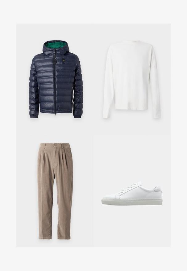 Giacca puffer blu navy con cappuccio, design cucito, interno verde, chiusura con zip e tasche laterali. Presenta un'etichetta con logo sul petto.; Camicia bianca in cotone a maniche lunghe con scollatura rotonda, spacchi laterali in fondo e una texture liscia, mostrata da dietro.; Pantaloni in corduroy beige con vestibilità rilassata, caratterizzati da pieghe, chiusura con bottone e tasche laterali, superficie testurizzata e design a gamba affusolata.; Sneaker bianco con tomaia in pelle liscia e profilo basso. Presenta una punta arrotondata, sei occhielli e una suola in gomma testurizzata.