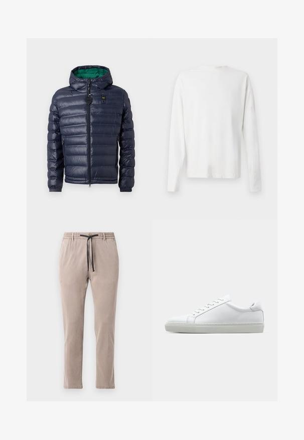 Giacca puffer blu navy con cappuccio, design cucito, interno verde, chiusura con zip e tasche laterali. Presenta un'etichetta con logo sul petto.; Camicia bianca in cotone a maniche lunghe con scollatura rotonda, spacchi laterali in fondo e una texture liscia, mostrata da dietro.; Pantaloni beige con vita elasticizzata e lacci neri. Design a gamba dritta con una texture morbida e dettagli di cucitura minimi.; Sneaker bianco con tomaia in pelle liscia e profilo basso. Presenta una punta arrotondata, sei occhielli e una suola in gomma testurizzata.