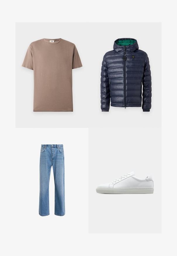 Mornarska zimska jakna s kapuco, z dodatkom oblikovanja, zeleni notranji del, zadrga za zapiranje in stranske žepe. Na prsih ima blagovno oznako.; Majica s kratkimi rokavi iz rjave bombažne tkanine, z okroglo odprtino za vrat in lahko, gladko teksturo. Brez vidnih vzorcev ali dodatkov.; Svetlo modre denim kavbojke s ravno nogavico, petimi žepi, z gumbom za zapiranje, minimalnim zbledelostjo in kontrastnimi šivi.; Bela športna obutev z gladkim usnjenim zgornjim delom in nizkim profilom. Ima zaokrožen nos, šest lukenj za vezalke in teksturiran gumijast podplat.