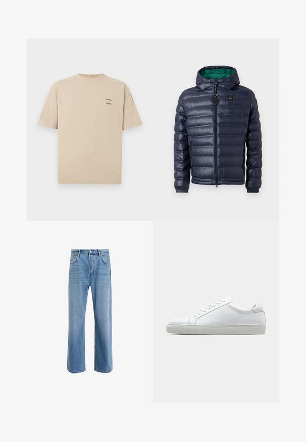 Námornícky pufrový kabát s kapucňou, prešitým dizajnom, zeleným interiérom, zipsom a bočnými vreckami. Má značkovú nášivku na hrudi.; Béžové bavlnené tričko s okrúhlym výstrihom a krátkymi rukávmi. Obsahuje malé textové logo na hornej ľavej strane. Jednoduchý, neozdobený dizajn.; Svetlo modré denimové džínsy so strihom rovného nohu, päť vreciek, zapínanie na gombík, minimálne vyblednutie a kontrastné švy.; Biele tenisky s hladkým koženým zvrškom a nízkym profilom. Majú zaoblenú špičku, šesť očiek a štruktúrovanú gumovú podrážku.