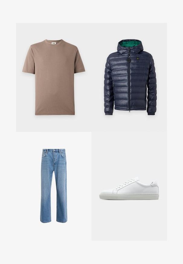 Navy puffer jacket with a hood, stitched design, green interior, zip closure, and side pockets. Features a branded tag on the chest.; Brown cotton T-shirt with a crew neck and short sleeves. Smooth texture, simple design, and straight hem. No visible patterns or embellishments.; Light blue denim jeans with a straight-leg design, five pockets, button closure, minimal fading, and contrasting stitching details.; White sneaker with a smooth leather upper and a low profile. Features a rounded toe, six eyelets, and a textured rubber sole.