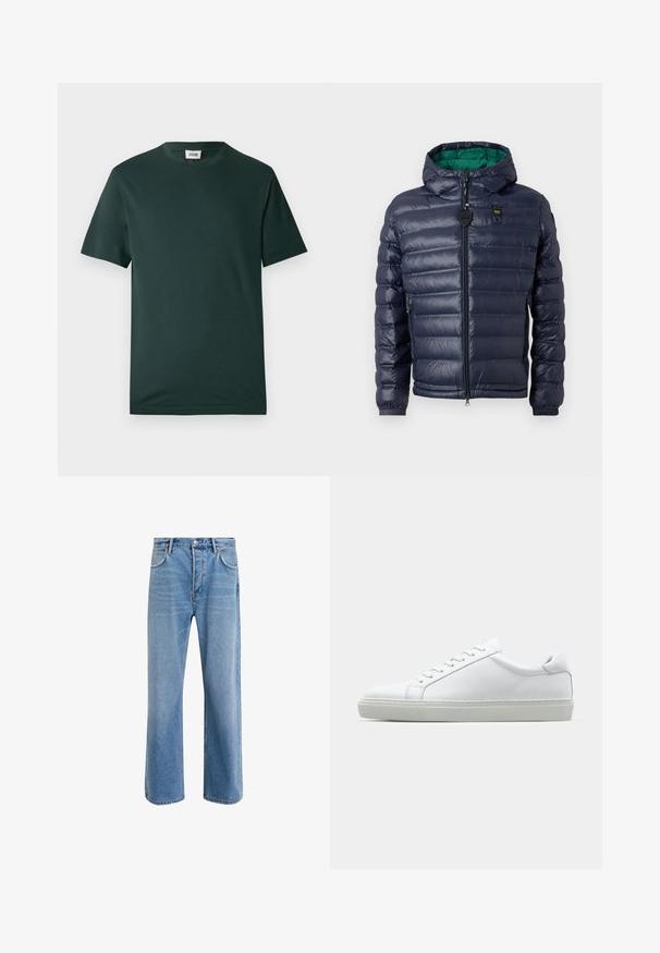 Mornarska zimska jakna s kapuco, z dodatkom oblikovanja, zeleni notranji del, zadrga za zapiranje in stranske žepe. Na prsih ima blagovno oznako.; Temnozelena kratka majica s kratkimi rokavi, narejena iz gladkega bombaža, z okroglim izrezom in sproščenim krojem, brez vidnih vzorcev ali okraskov.; Svetlo modre denim kavbojke s ravno nogavico, petimi žepi, z gumbom za zapiranje, minimalnim zbledelostjo in kontrastnimi šivi.; Bela športna obutev z gladkim usnjenim zgornjim delom in nizkim profilom. Ima zaokrožen nos, šest lukenj za vezalke in teksturiran gumijast podplat.