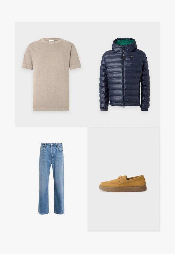 Giacca puffer blu navy con cappuccio, design cucito, interno verde, chiusura con zip e tasche laterali. Presenta un'etichetta con logo sul petto.; T-shirt beige in cotone con maniche corte e scollatura rotonda. Presenta cuciture visibili lungo le maniche e l'orlo. Texture semplice e liscia.; Jeans in denim blu chiaro con design a gamba dritta, cinque tasche, chiusura con bottone, leggero sbiadimento e dettagli di cucitura a contrasto.; Scarpe slip-on in suede marrone con finitura testurizzata, punta rotonda e suola in gomma a contrasto. Presentano un logo discreto vicino al tallone.