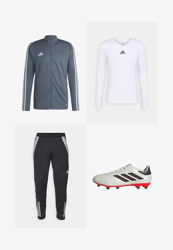 Gray athletic jacket made of polyester. Features a full zip, high collar, and white stripes along the shoulders. Adidas logo on the chest.; Long-sleeve white athletic shirt made of smooth material featuring a black Adidas logo at the chest; V-neck design and fitted shape.; Black athletic pants with gray side panels, elastic waistband, and three white stripes on the lower legs. Made from lightweight, smooth material.; White soccer cleat with black accents and red sole. Features three black stripes on the side and a smooth textured upper.