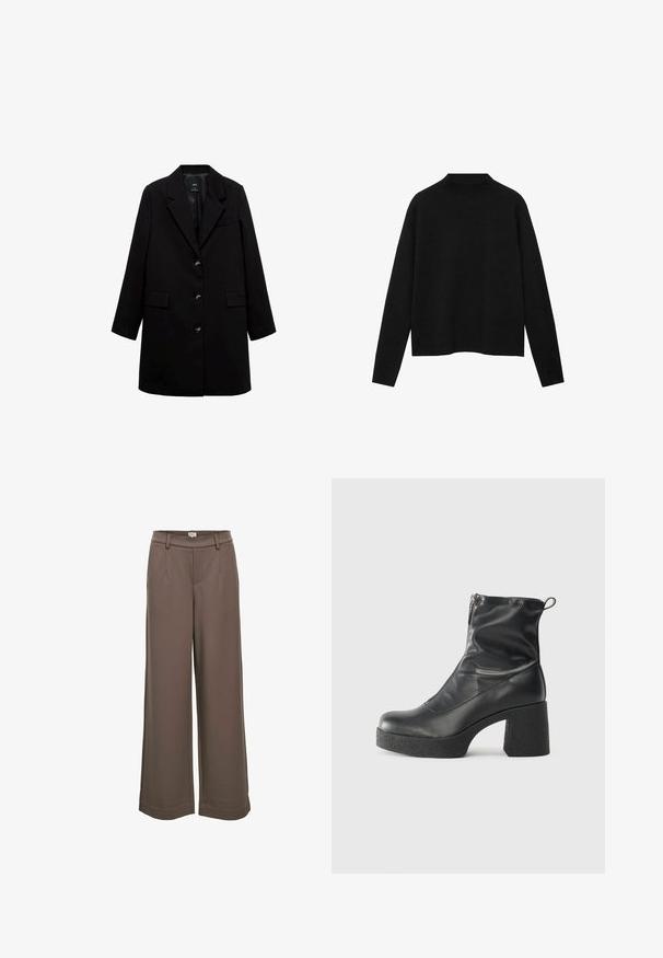 Black tailored coat with a buttoned front, two pockets, notch lapels, and a smooth texture. Features a single chest pocket and sleek design.; Black turtleneck sweater made of soft fabric, featuring long sleeves and a relaxed fit, with a clean, minimalistic design.; Wide-leg trousers in a soft, brown fabric. Features a high waistband, two front pockets, and a smooth texture with a casual design.; Black ankle boots made of smooth leather, featuring a side zipper, chunky textured heel, and rounded toe design.