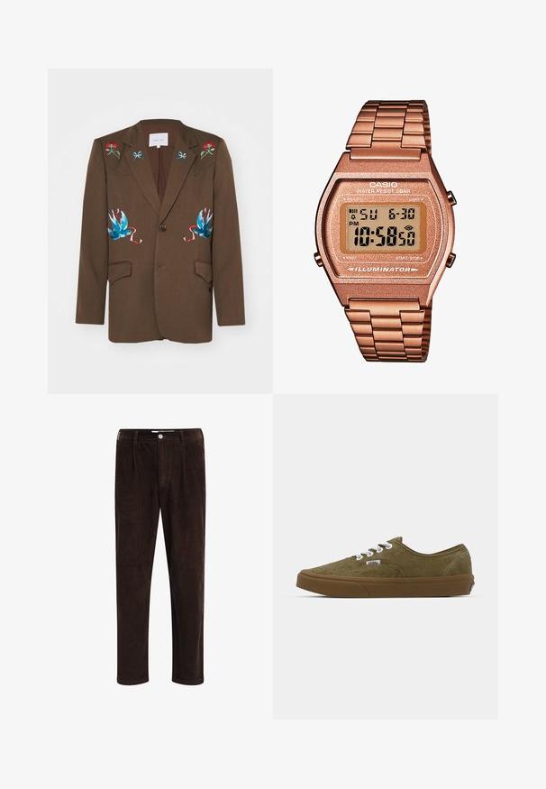 Sister Jane LILIAN EMBROIDERED UNISEX - Blazer - brown; Brun rullekrave trøje lavet af blødt stof, med lange ærmer, ribbede manchetter og en tætsiddende design uden synlige mønstre.; Redefined Rebel JOHN COMFORT FIT - Bukser - demitasse; Olivengrøn ruskinds sneakers med hvide snører, gummibrun sål, lavt design og stikninger langs kanterne.; Digital Casio ur med et roseguld metalarmbånd, rektangulær kasse, oplyst skærm og vandtæthed, som viser tid og dato.