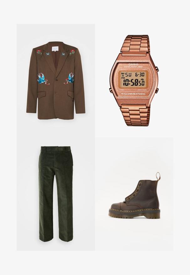 Sister Jane LILIAN EMBROIDERED UNISEX - Kratka jakna - brown; Smeđi pulover s visokim ovratom izrađen od mekog materijala, sa dugim rukavima, rebrastim manžetama i uskim krojem bez vidljivih uzoraka.; Tamnozeleni kordura hlače s ravnim nogavicama, koje imaju ravni pojas i bočne džepove. Mekana tekstura s vertikalnim rebrima.; Smeđe kožne čizme do gležnja s okruglim vrhom, kontrastnim žutim šavovima, dekorativnim metalnim rupicama i zupčastom gumom.; Digitalni Casio sat s metalnom narukvicom u ružičastom zlatu, pravokutnim kućištem, osvijetljenim zaslonom i vodootpornošću, prikazuje vrijeme i datum.