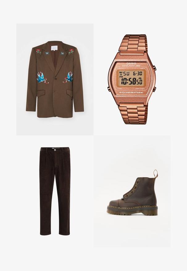 Sister Jane LILIAN EMBROIDERED UNISEX - Bleiseri - brown; Ruskea pusero, jossa on korkea kaulus, pehmeää kangasta, pitkät hihat, ribbaatut hihansuut ja kapea malli ilman näkyviä kuvioita.; Redefined Rebel JOHN COMFORT FIT - Housut - demitasse; Ruske nahkasaapad ankliaukolla, pyöreällä kärjellä, kontrastivärisin keltaisin tikkausin, koristeellisin metallisilmukoita ja uritetulla kumipohjalla.; Digitaalinen Casio-kello, jossa on ruusukultainen metalliranneke, suorakaiteen muotoinen kuori, valaistu näyttö ja vedenkestävyys, näyttää ajan ja päivämäärän.