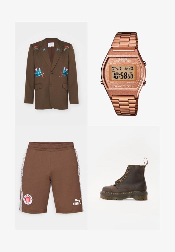 Sister Jane LILIAN EMBROIDERED UNISEX - Blézer - brown; Barna garbónyakú pulóver, puha anyagból készült, hosszú ujjakkal, bordás mandzsettákkal és testhezálló, észlelhető minták nélkül.; Barna sportshorts, pamutból készült, rugalmas derékkal, oldalán mintás csíkokkal és fehér logókkal: FC St. Pauli és Puma.; Barna bőr bokacsizma, kerek orrral, kontrasztáló sárga varrással, dekoratív fém szemölcsökkel és bordázott gumitalppal.; Digitális Casio óra rózsaarany fém szíjjal, téglalap alakú házzal, megvilágított kijelzővel és vízállósággal, mutatja az időt és a dátumot.