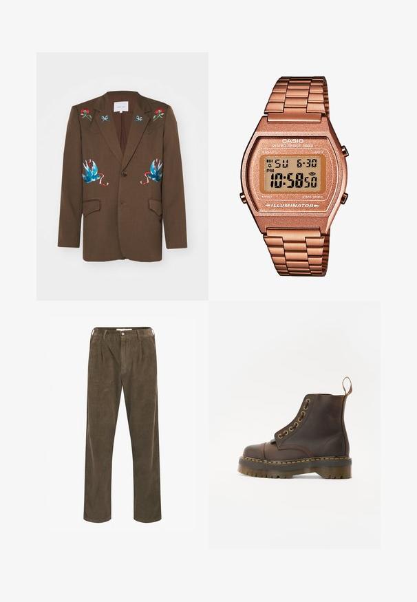 Sister Jane LILIAN EMBROIDERED UNISEX - Blazer - brown; Brown turtleneck sweater made of soft fabric, featuring long sleeves, ribbed cuffs, and a fitted design with no visible patterns.; Brown corduroy trousers featuring vertical ridges, a relaxed fit, front pleats, and a single button closure.; Brown leather ankle boot with a round toe, contrasting yellow stitching, decorative metal eyelets, and a grooved rubber sole.; Digital Casio watch with a rose gold metal band, rectangular case, illuminated display, and water resistance, showing time and date.