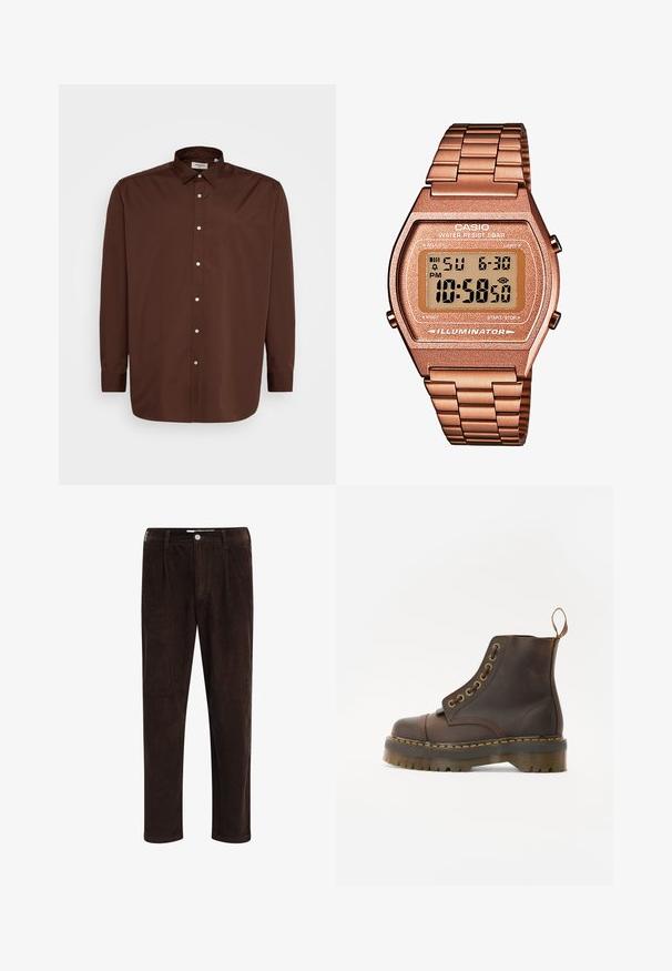 Sister Jane LILIAN EMBROIDERED UNISEX - Kratka jakna - brown; Smeđi košulja na dugmad s raširenim ovratnikom, dugim rukavima i glatkom teksturom tkanine. Ima bijele gumbe duž prednje strane.; Redefined Rebel JOHN COMFORT FIT - Hlače - demitasse; Smeđe kožne čizme do gležnja s okruglim vrhom, kontrastnim žutim šavovima, dekorativnim metalnim rupicama i zupčastom gumom.; Digitalni Casio sat s metalnom narukvicom u ružičastom zlatu, pravokutnim kućištem, osvijetljenim zaslonom i vodootpornošću, prikazuje vrijeme i datum.