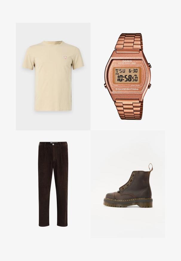Sister Jane LILIAN EMBROIDERED UNISEX - Blazer - brown; T-shirt en coton beige avec col rond, manches courtes, et un petit logo triangle rouge sur la poitrine gauche. Design sobre, texture douce.; Redefined Rebel JOHN COMFORT FIT - Pantalon classique - demitasse; Bottine en cuir marron avec un bout rond, des coutures jaunes contrastantes, des œillets en métal décoratifs et une semelle en caoutchouc rainurée.; Montre digitale Casio avec un bracelet en métal rose doré, un boîtier rectangulaire, un écran éclairé et une résistance à l'eau, affichant l'heure et la date.