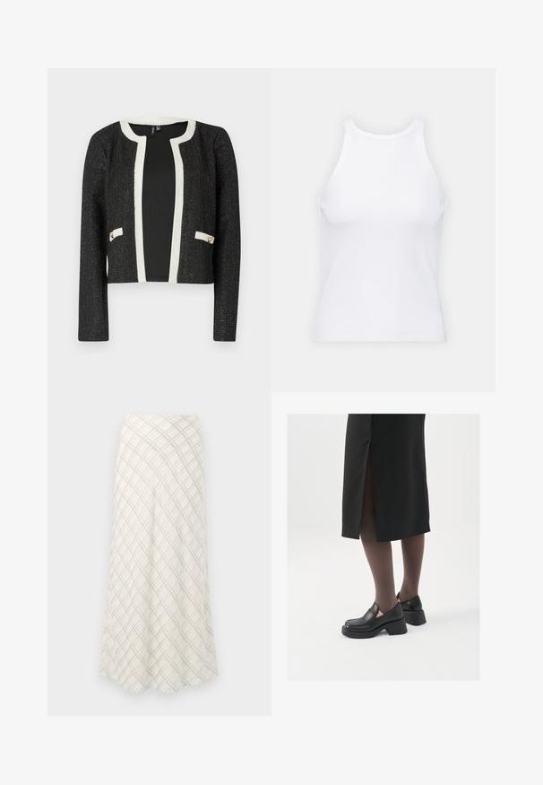 Schwarze kurze Jacke mit weißem Besatz und Taschen, bestehend aus einem strukturierten Stoff mit metallischen Fäden und zwei goldfarbenen Akzenten an den Taschen.; Weißes ärmelloses Tanktop aus geripptem Stoff, mit rundem Ausschnitt und figurbetonter Silhouette, minimalen Nähten und ohne Verzierungen.; Langer, cremefarbener Rock mit einem diagonalen Karomuster in Grau. Fließendes Design mit einer glatten Textur, das zur Säume hin ausläuft.; Schwarze Lederschuhe mit abgerundetem Zeh, dicker Blockabsatz und elastischen seitlichen Akzenten, kombiniert mit dunklen Strumpfhosen und einem schwarzen Rock mit Schlitz.