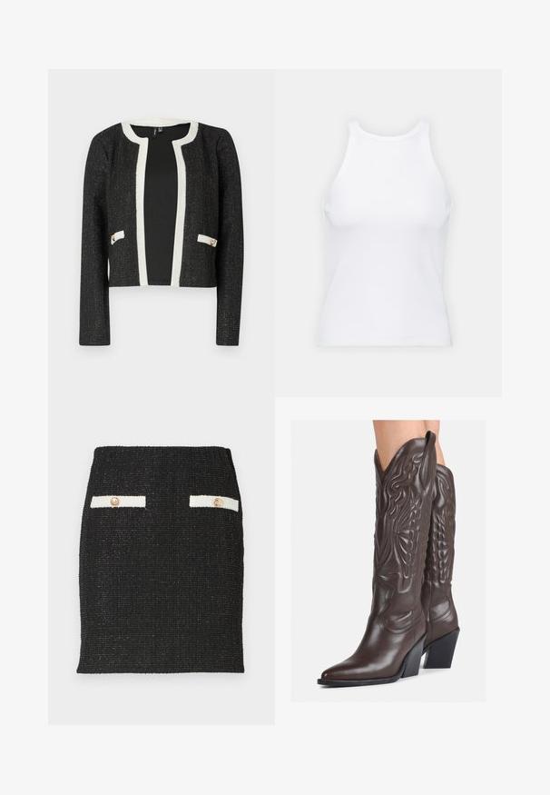 Fekete croppolt dzseki fehér díszítéssel és zsebekkel, texturált anyagból készült, metálos szálakkal és két aranyszínű kiegészítővel a zsebeknél.; Fehér ujjatlan trikó ribbed anyagból, lekerekített nyakkivágással és testhez simuló siluettel, minimális varrásokkal és díszítések nélkül.; Fekete tweed szoknya textúrált anyagból, testhez álló fazonnal. Két fehér zsebfedél aranyszínű gombokkal díszítve.; Barna bőr cowboy csizmák hegyes orral és blokk sarkal, részletes varrással és kiemelkedő díszítésekkel a szárán.