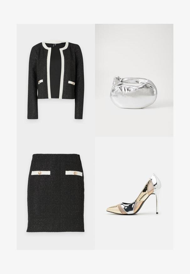 Melnā īsā jakā ar baltu apmalīti un kabatām, kas izgatavota no strukturēta auduma ar metāliskām šķiedrām un diviem zelta tonī akcentiem uz kabatām.; Balta bezpiedurkņu topiņš no ribotā auduma, ar noapaļotu kakla izgriezumu un pieguļošu siluetu, ar minimālām šuvēm un bez rotājumiem.; Melns tweed svārki ar teksturētu audumu un pieguļošu dizainu. Ar divām baltām kabatu akcentiem un zelta toņa pogām.; Apspīlēta augstpapēžu kurpe ar zeltītu, sudrabi un neitrālu krāsu kombināciju. Spīguļojoša virsma ar izgriezuma dizainu, aprīkota ar stiletto papēdi.; Sudraba metāliska poga somiņa ar mīkstu, noapaļotu formu un mezgla augšējo aizdari. Izgatavota no gludas mākslīgās ādas materiāla.